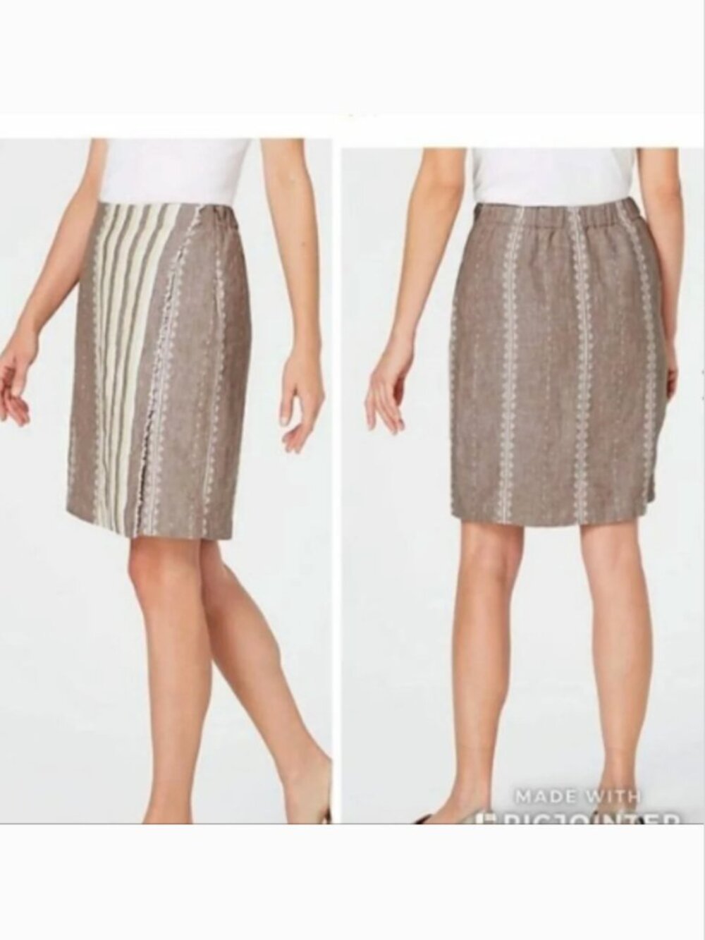 J Jill Linen Faux Wrap Skirt XL Brown Fringe Aztec Print Boho Lagenlook Coastal